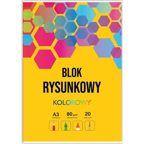 Okładka kolorowego bloku rysunkowego w formacie A3. Ma 20 arkuszy o gramaturze 80 g/m². Żółte tło z wzorem z różowych, niebieskich, zielonych i fioletowych heksagonów. Na dole ikony ołówka, kredki, markera i pędzla.