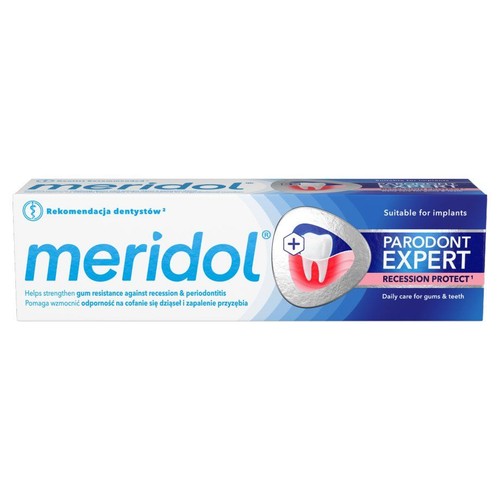 Pasta do zębów Meridol Parodont Expert Recession Protect. Opakowanie biało-niebieskie z grafiką zęba i dziąseł. Rekomendacja dentystów.