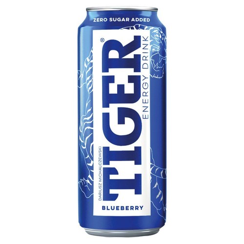 Puszka napoju energetycznego Tiger Blueberry. Niebieska z białym napisem Tiger i informacją "Zero Sugar Added".