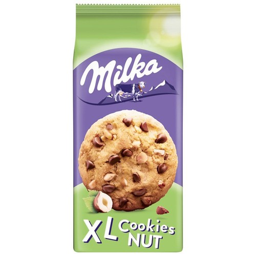 Opakowanie ciastek Milka XL Cookies Nut. Zielono-fioletowa torebka z grafiką dużego ciastka z kawałkami czekolady i orzechów.