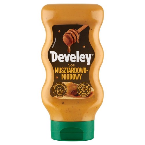 Butelka sosu Develey Musztardowo-Miodowego z zieloną nakrętką. Na etykiecie grafika miodu i informacja o produkcie bezglutenowym.