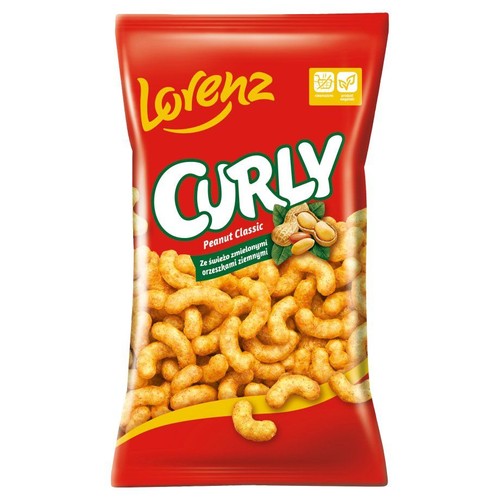 Opakowanie chrupek orzeszkowych Lorenz Curly Peanut Classic. Czerwona torebka z grafiką orzeszków ziemnych i zielonych listków. Produkt zawiera świeżo zmielone orzeszki ziemne.