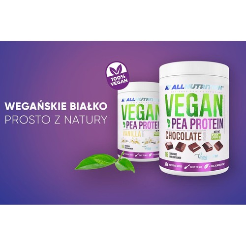 Dwa białe opakowania wegańskiego białka grochowego ALLNUTRITION. Jedno o smaku waniliowym z grafiką wanilii, drugie czekoladowe z grafiką czekolady. Oba po 500g, 100% wegan, bez dodatku cukru.