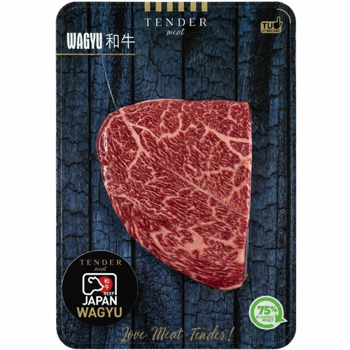 Opakowanie Tender Meat z plastrami surowej wołowiny Wagyu. Widoczne intensywne marmurkowanie. Etykieta "75% mniej plastiku".
