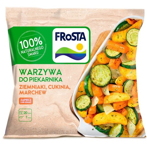 Mrożone warzywa Frosta do piekarnika lub smażenia. Skład: ziemniaki, cukinia, marchew. Na opakowaniu grafika gotowego dania.