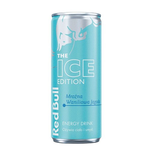 Jasnoniebieska puszka Red Bull Energy Drink, edycja The Ice, smak Mroźna Waniliowa Jagoda. Ożywia ciało i umysł.