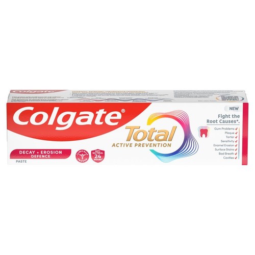 Biała tuba pasty Colgate Total Active Prevention. Klinicznie udowodniona ochrona przed próchnicą, erozją i problemami z dziąsłami.