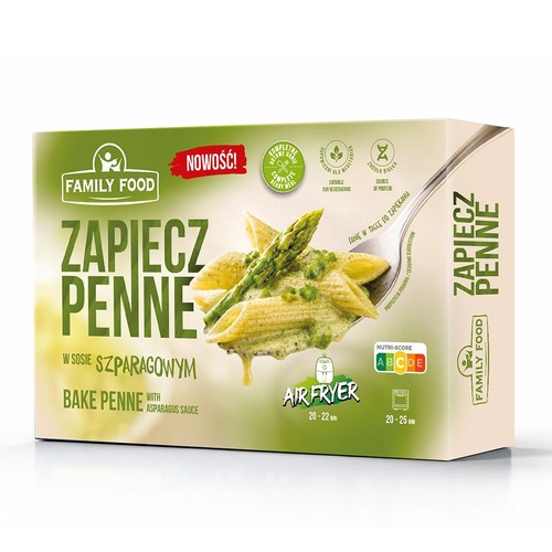 Opakowanie Family Food Zapiecz Penne w sosie szparagowym. Na grafice makaron penne z zielonym sosem i szparagami na łyżce. Nowość.