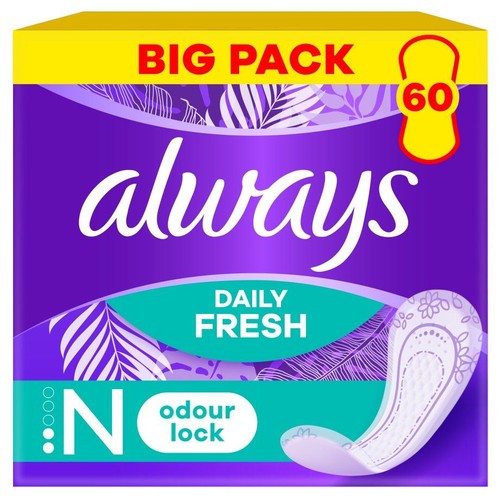 Fioletowe opakowanie Always Daily Fresh, duże opakowanie z 60 wkładkami higienicznymi. Posiada blokadę zapachu.