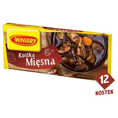 Opakowanie bulionu Winiary Kostka Mięsna, 12 sztuk. Żółte pudełko z brązową etykietą. Na etykiecie grafika miski z ciemnym gulaszem mięsnym, kawałkami marchewki i ząbkami czosnku, symbolizująca smak i przeznaczenie produktu.