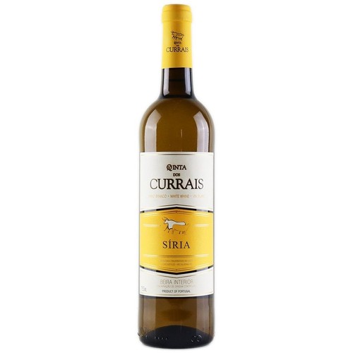 Butelka białego wina Quinta dos Currais Síria o pojemności 750 ml. Etykieta jest biało-żółta, z nazwą "Quinta dos Currais" i "Síria", oraz grafiką byka. Wino pochodzi z regionu Beira Interior w Portugalii.