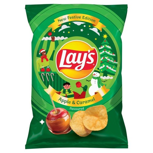 Chipsy Lay's, Nowa Edycja Świąteczna, o smaku jabłka i karmelu. Opakowanie zielone z motywami zimowymi.