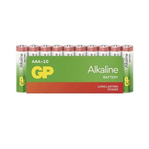 Dziesięć baterii alkalicznych GP AAA, ułożonych w rzędzie za zielono-pomarańczowym opakowaniem. Na opakowaniu widnieje logo GP, oznaczenie AAAx10 oraz napisy "Alkaline BATTERY" i "LONG LASTING POWER" (Długotrwała moc).