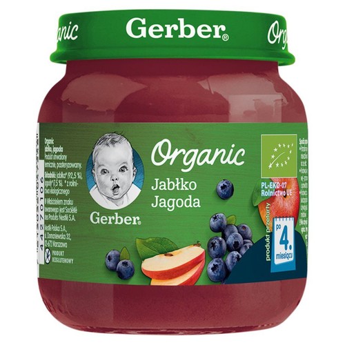 Słoiczek Gerber Organic Jabłko Jagoda, z certyfikatem UE, dla dzieci od 4 miesięcy.