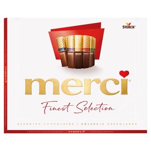 Produkt: Merci Finest Selection, kolekcja czekoladek. Białe pudełko z czerwonymi elementami. Złoty napis "merci" z sercem, pod nim "Finest Selection". Widoczna grafika przedstawiająca różne rodzaje batoników czekoladowych.
