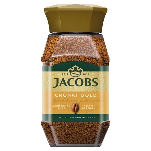 Kawa Jacobs Cronat Gold w szklanym słoiku. Na etykiecie grafika ziarna kawy, "Harmonijny smak" i "Pełnia aromatu".