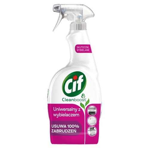 Cif Cleanboost, uniwersalny środek czyszczący w białej butelce ze spryskiwaczem. Usuwa zabrudzenia.