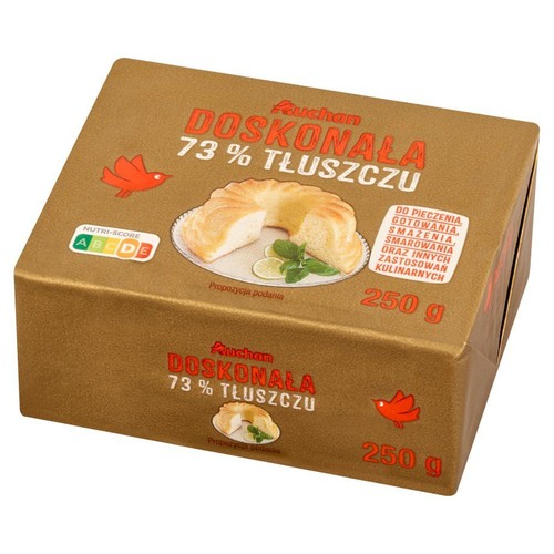 Auchan Doskonała 73% Tłuszczu, 250g. Do pieczenia, gotowania, smażenia, smarowania. Na opakowaniu grafika babki.