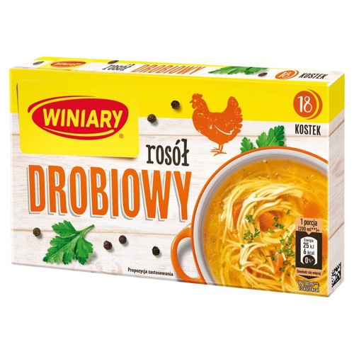 Opakowanie bulionu drobiowego Winiary, 18 kostek. Z grafiką miski z zupą, makaronem i pietruszką.
