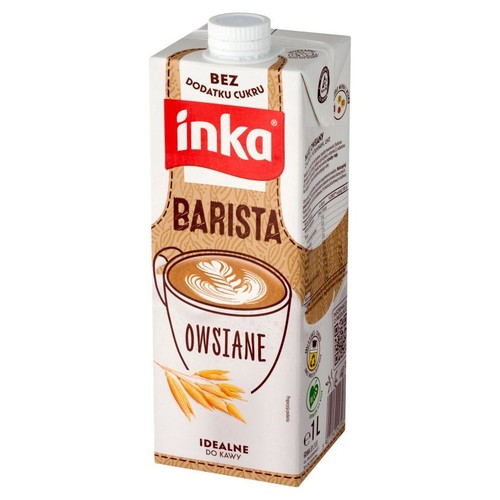 Napój owsiany Inka Barista Owsiane, 1 litr. Opakowanie z grafiką filiżanki kawy i kłosów owsa. Bez dodatku cukru.