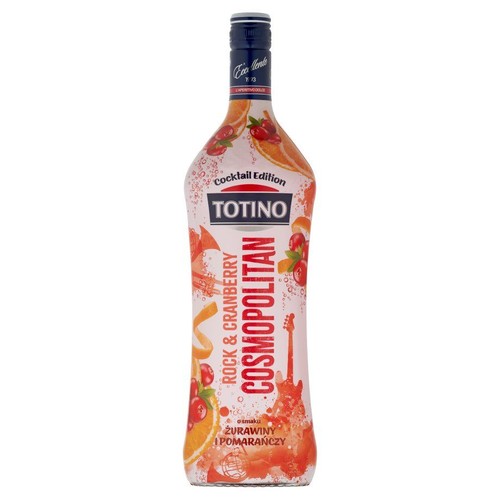 Butelka napoju Totino Cocktail Edition Rock & Cranberry Cosmopolitan. Etykieta w odcieniach pomarańczy i czerwieni, z grafiką żurawin, plastrów pomarańczy i sylwetki gitary. Produkt o smaku żurawiny i pomarańczy.