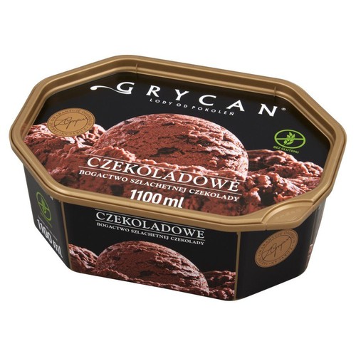 Opakowanie lodów Grycan Czekoladowe, 1.1 litra. Na czarnym tle widoczne gałki czekoladowych lodów. Produkt bez glutenu.