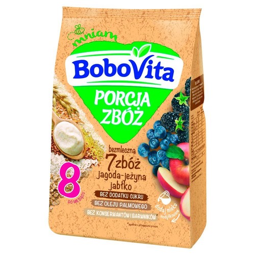Kaszka BoboVita Porcja Zbóż dla niemowląt od 8 miesiąca. Bez mleka, cukru, oleju palmowego, konserwantów. Smak jagoda-jeżyna jabłko.