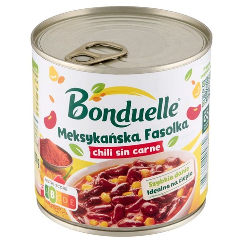 Metalowa puszka Bonduelle Meksykańska Fasolka chili bez mięsa. Etykieta przedstawia gotowe danie z fasoli i kukurydzy.
