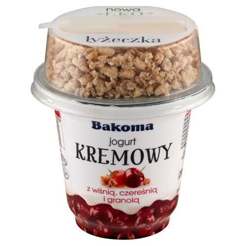 Jogurt kremowy z wiśnią. czereśnią i granolą Bakoma 230 g