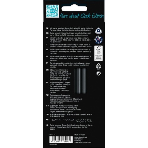 Tylna strona opakowania wkładów Faber-Castell Black Edition. Miękki grafit SuperSoft do jasnego, kolorowego i ciemnego papieru.