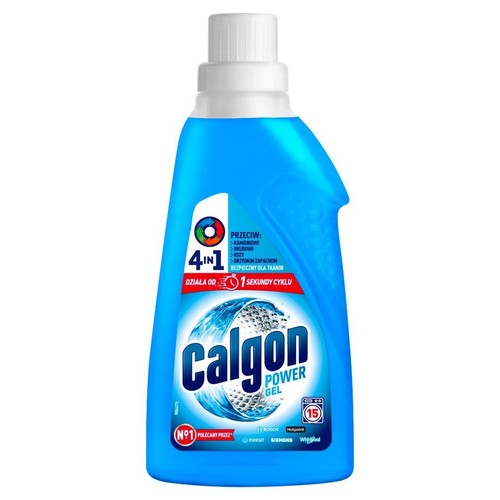 Calgon Power Gel, niebieski płyn do prania w butelce z białą zakrętką. Zapewnia ochronę 4w1 przed kamieniem i brudem. Rekomendowany przez producentów.