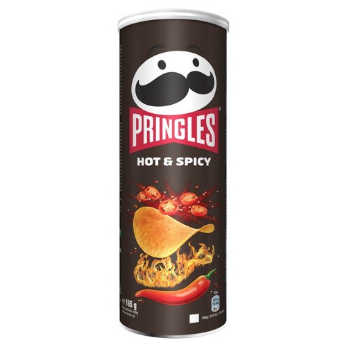 Opakowanie Pringles Ostre i Pikantne 165 g. Na tubie widać chipsa, płomienie i czerwoną papryczkę chili.