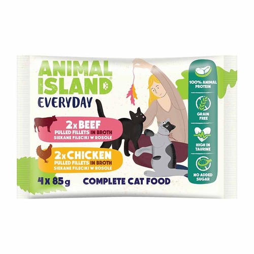 Karma mokra dla kotów z kurczakiem i z wołowiną   Animal Island 4 x 85 g