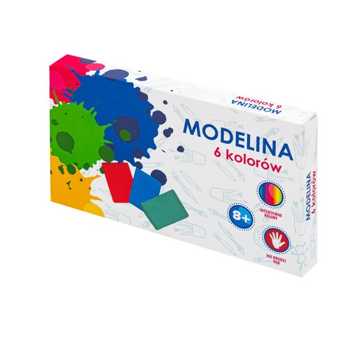 Pudełko modeliny "MODELINA 6 kolorów" z grafiką kolorowych plam i trzema kostkami modeliny. Zawiera informację o intensywnych kolorach.
