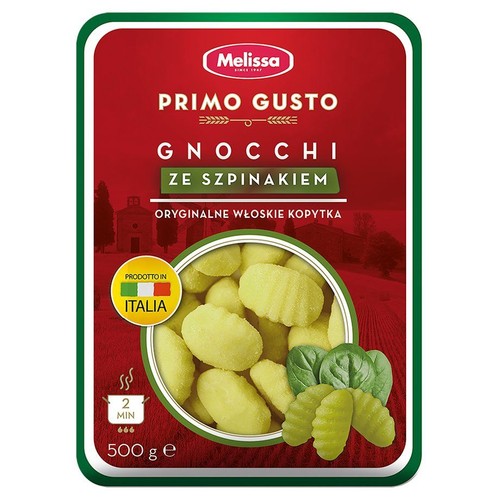 Gnocchi ze szpinakiem Melissa Primo Gusto, 500g. Produkt włoski. Na opakowaniu widoczne kopytka i szpinak.