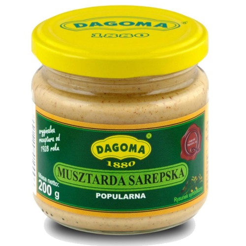 Produkt Dagoma 1880: musztarda Sarepska Popularna. Słoik 200 g z zieloną etykietą i żółtą pokrywką.