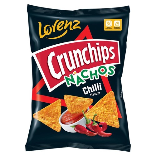 Chipsy Lorenz Crunchips Nachos Chilli w czarnej paczce. Widoczne chipsy, sos i papryczki chili.