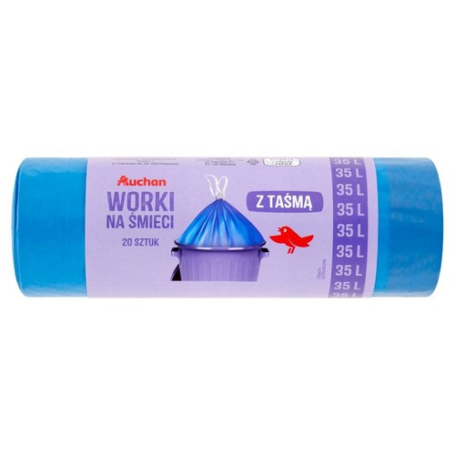 Auchan worki na śmieci, niebieskie, 20 sztuk, 35 L, z taśmą.