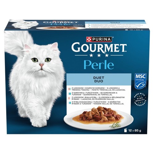 Kartonowe opakowanie karmy dla kota Purina Gourmet Perle Duet Rybny, 12x85g. Na pudełku biały kot i talerzyk z karmą.