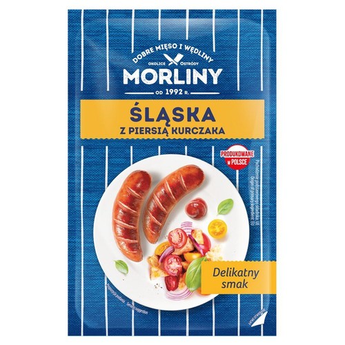 Kiełbasa Morliny Śląska z piersią kurczaka, opakowanie z grafiką gotowych kiełbas i warzyw. Produkt polski.