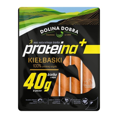 Opakowanie kiełbasek Dolina Dobra Proteina+ ze 100% polskiej szynki. Zawiera 40g białka.