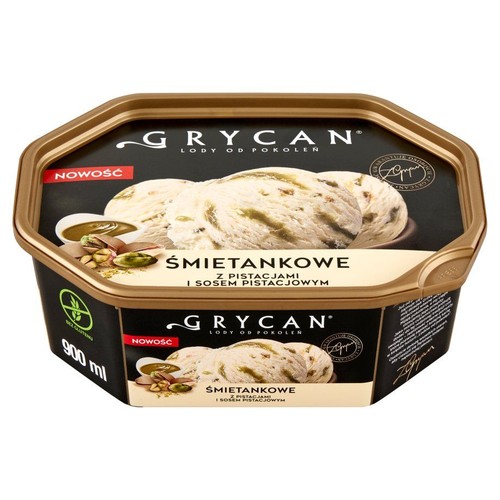 Lody Grycan, smak śmietankowy z pistacjami i sosem pistacjowym, 900 ml. Czarno-złote opakowanie z grafiką lodów.