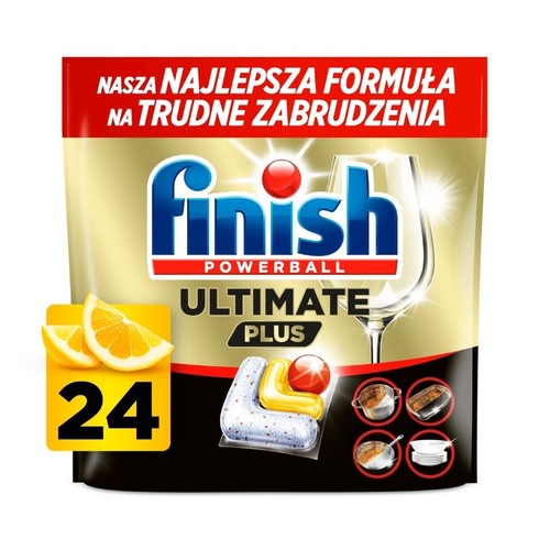 Finish Powerball Ultimate Plus, 24 tabletki do zmywarki w złotym opakowaniu. Widoczne cytryny i lśniący kieliszek.
