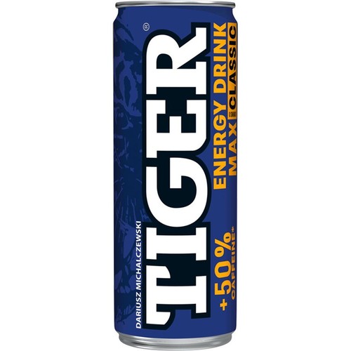 Puszka napoju energetycznego Tiger Maxi Classic. Niebieska z białym napisem "Tiger" i pomarańczowym "Energy Drink".