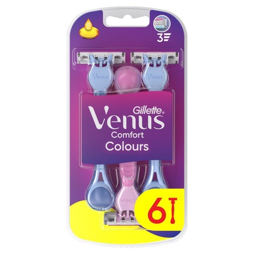 Maszynki do golenia Gillette Venus Comfort Colours, 6 sztuk, z 3 ostrzami.