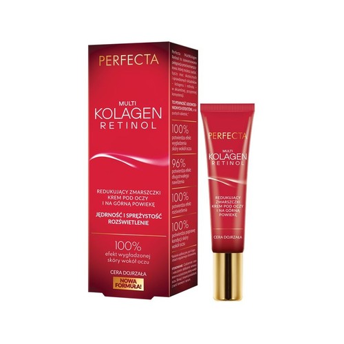 Krem pod oczy Perfecta Multi Kolagen Retinol w czerwonej tubce i pudełku. Redukuje zmarszczki, ujędrnia, rozświetla. Dla cery dojrzałej.