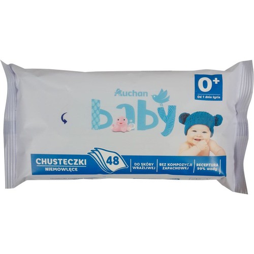 Chusteczki niemowlęce  nasączane wodą 0+ Auchan 48 sztuk