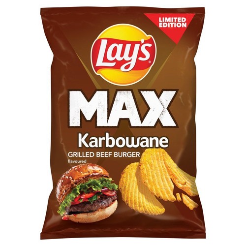 Chipsy Lay's MAX Karbowane, smak grillowany burger wołowy. Opakowanie brązowe z logo i grafiką burgera.