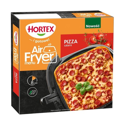 Opakowanie Hortex Pizza Salami, przeznaczone do przygotowania w Air Fryer. Na pudełku grafika pizzy z salami.