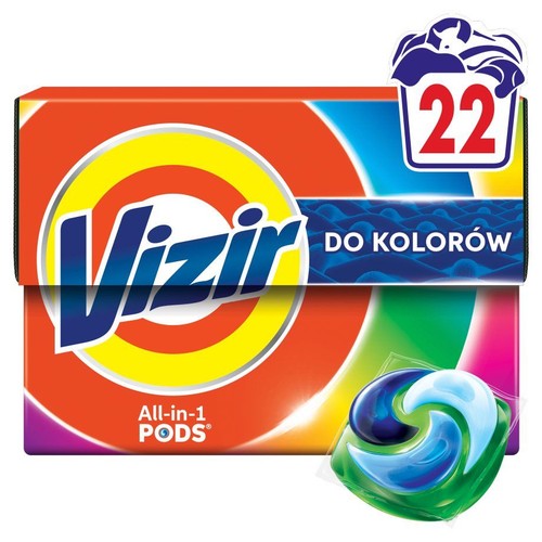 Opakowanie kapsułek do prania Vizir All-in-1 Pods do kolorów, 22 sztuki. Na opakowaniu logo Vizir i jedna kapsułka.